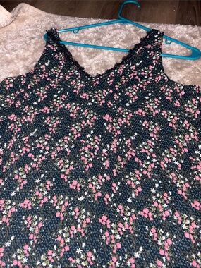 Black Floral V-Neck Tank Top with Pink Flowers